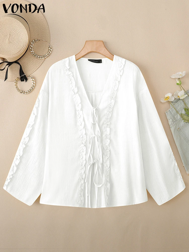 VONDA 커버업 여성용 롱 가디건 2025 패션 레이스업 긴 소매 쉬폰 셔츠 캐주얼 루즈 시스루 빈티지 비치 탑