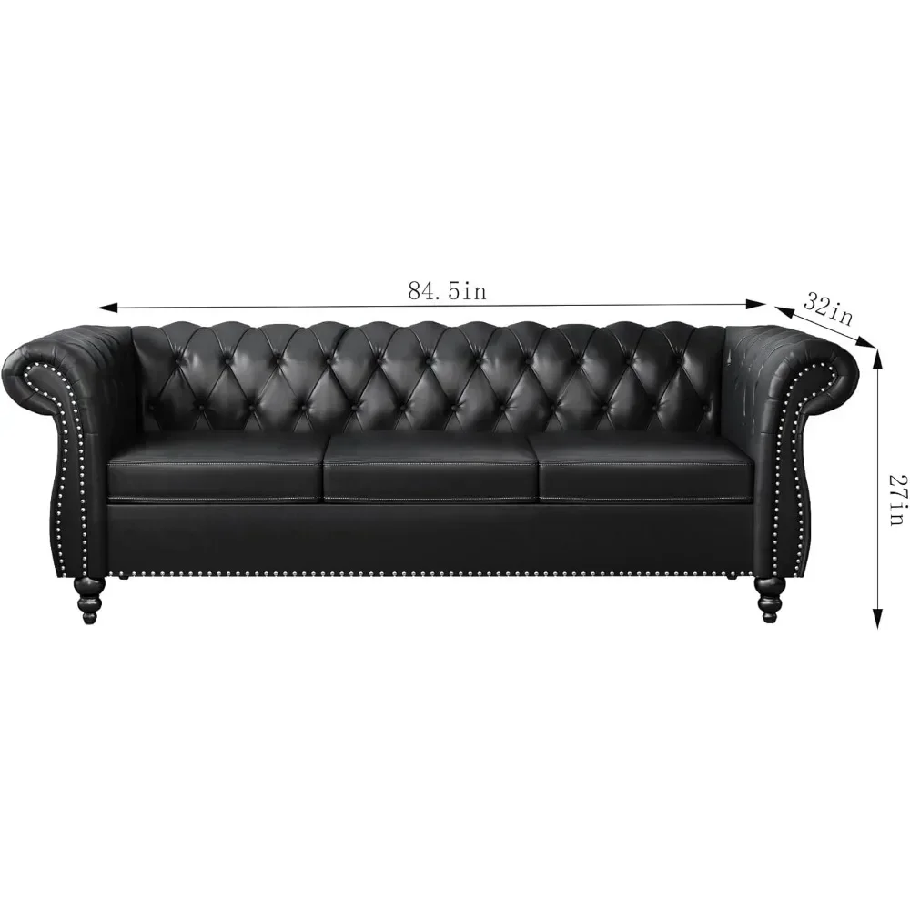 Chesterfield Sofa Leather for Living Room, 3 Seater Sofa Tufted Couch Faux Leather with Rolled Arms and Nailhead for Living Room