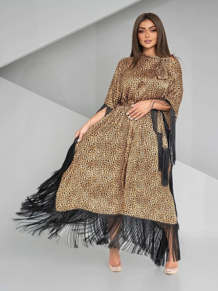 Eid Muslim Abaya Leopard Print Dress for Women Tassel Bat Sleeve Arab Dubai Morocco Ramadan Long Robe Gorgeous Abayas Kaftan