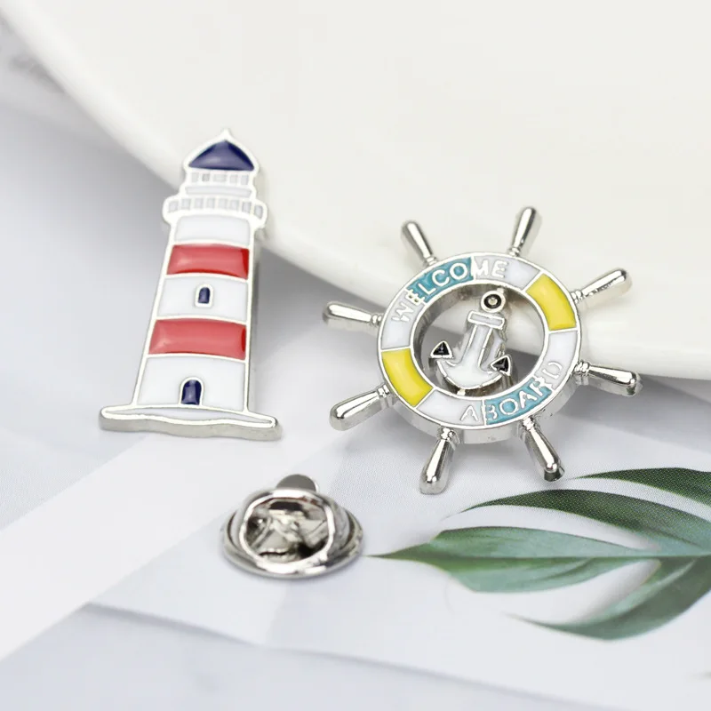 Creative Cartoon Fish Lighthouse Anchor Enamel Lapel Pin for Men Boy Sailboat Rudder Beacon Brooches Badges Clothing Decoration