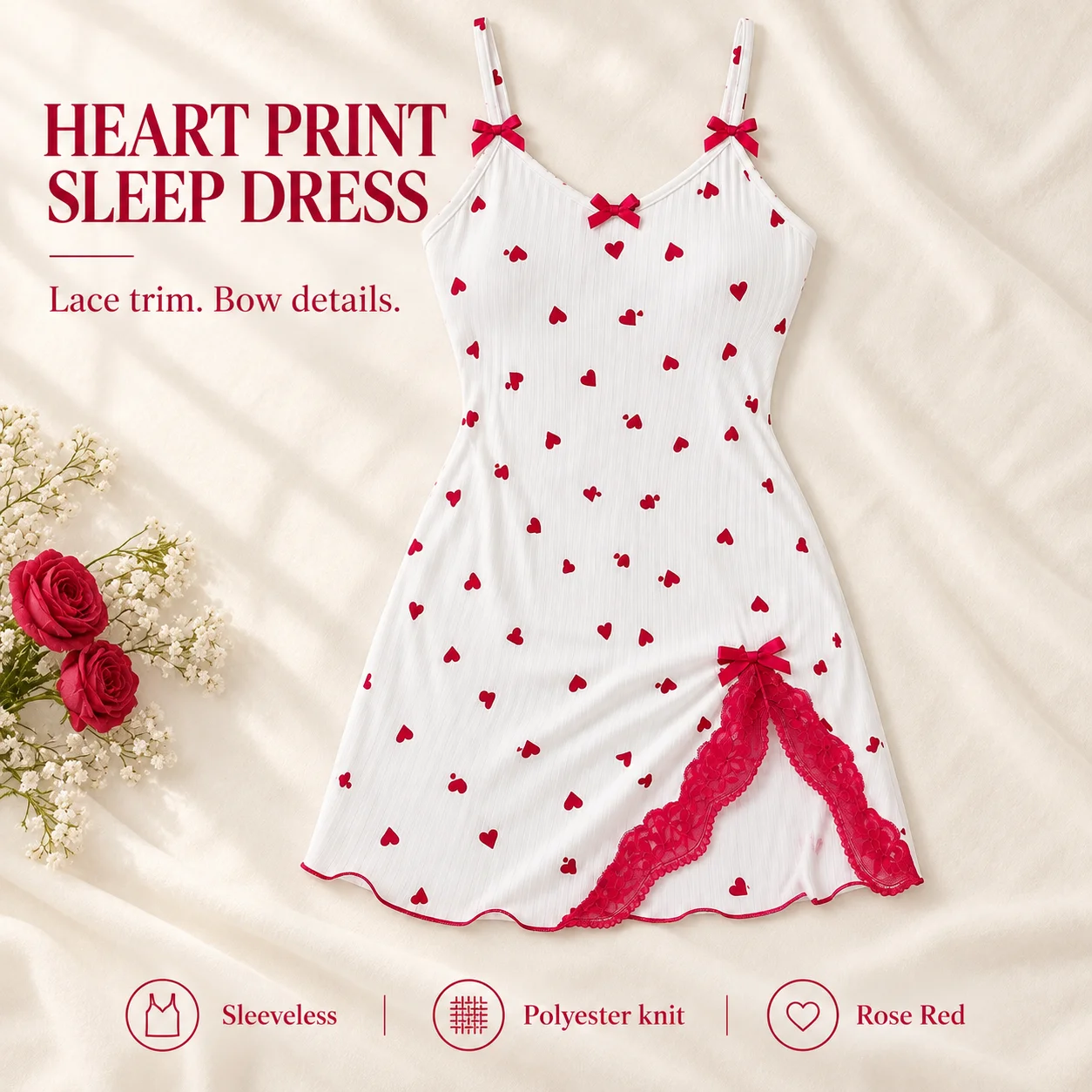 Camisón de mujer sin mangas con estampado de corazones, detalles de encaje y lazo, camisón de poliéster blanco en las tallas M, L y XL.
