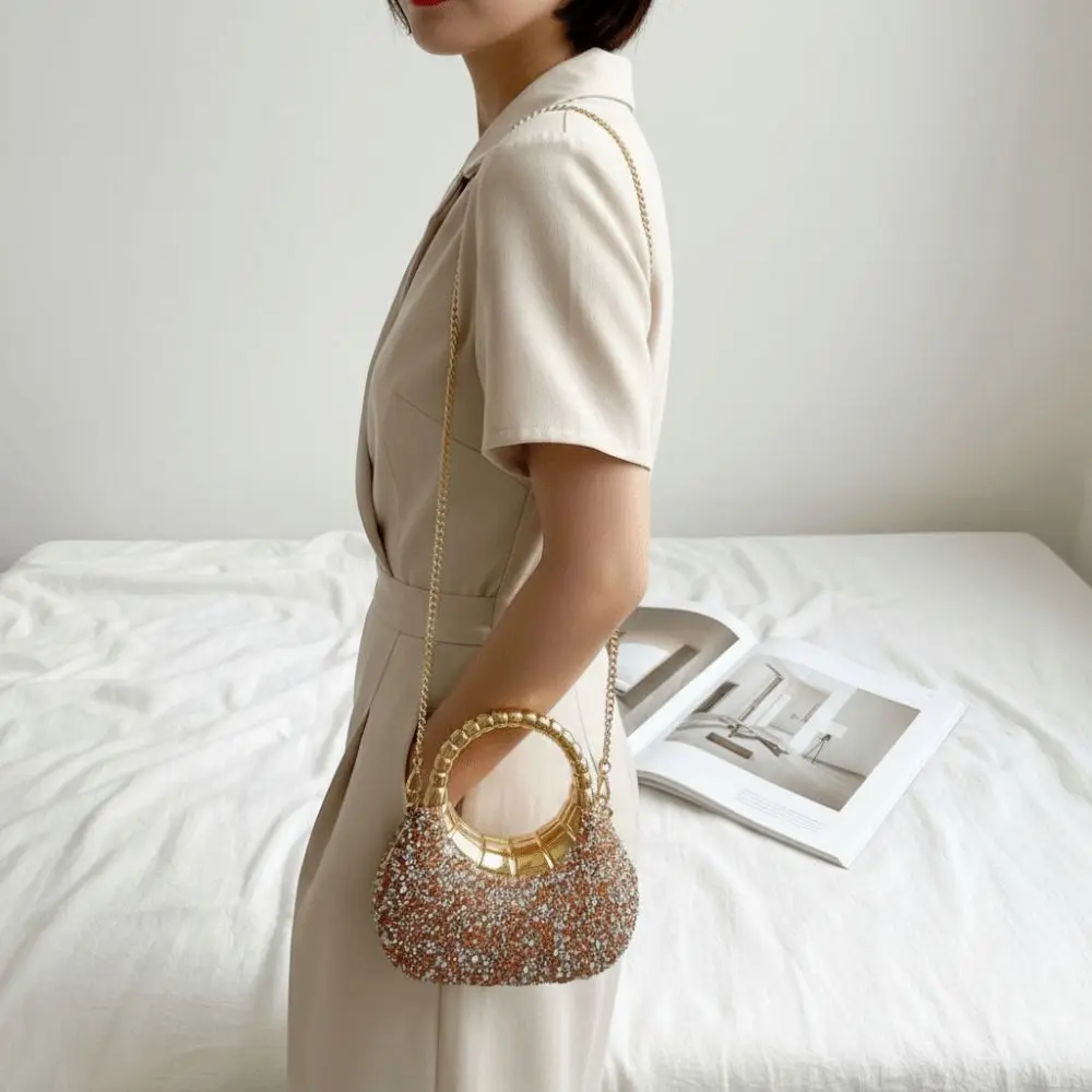 Crystal Embellished Crescent Evening Clutch Geometric Pattern Detachable Chain Rhinestone Box Purse High-shine Finish