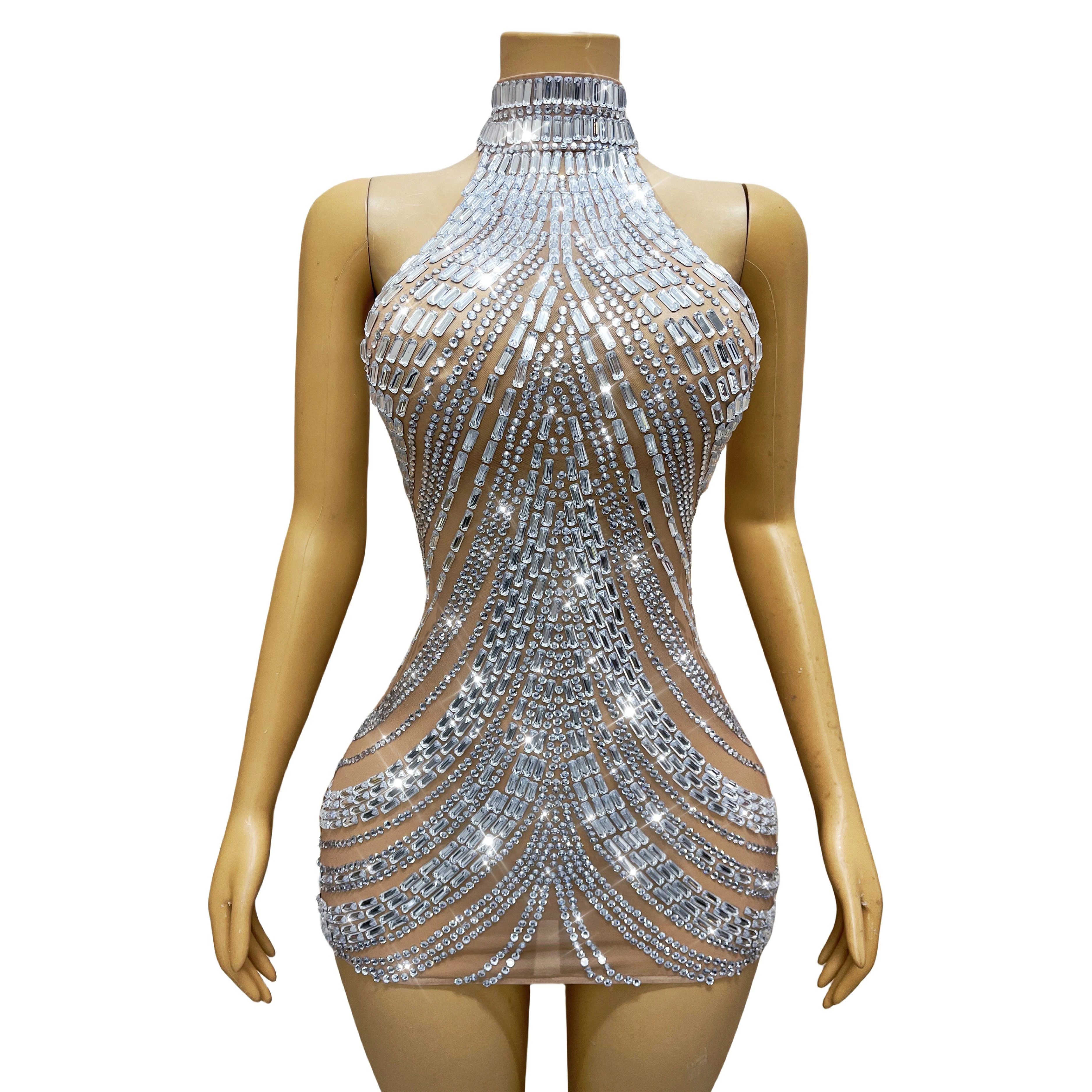 

Роскошное блестящее платье с прозрачными вставками и стразами, короткое, для вечеринок, модных показов, красной дорожки, наряд в стиле Чангри.