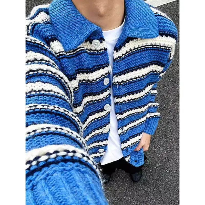 

Вязаный свитер в сине-белую полоску в американском стиле ретро, пальто свободного покроя, открытый кардиган с грубыми зубьями, мужской модный топ