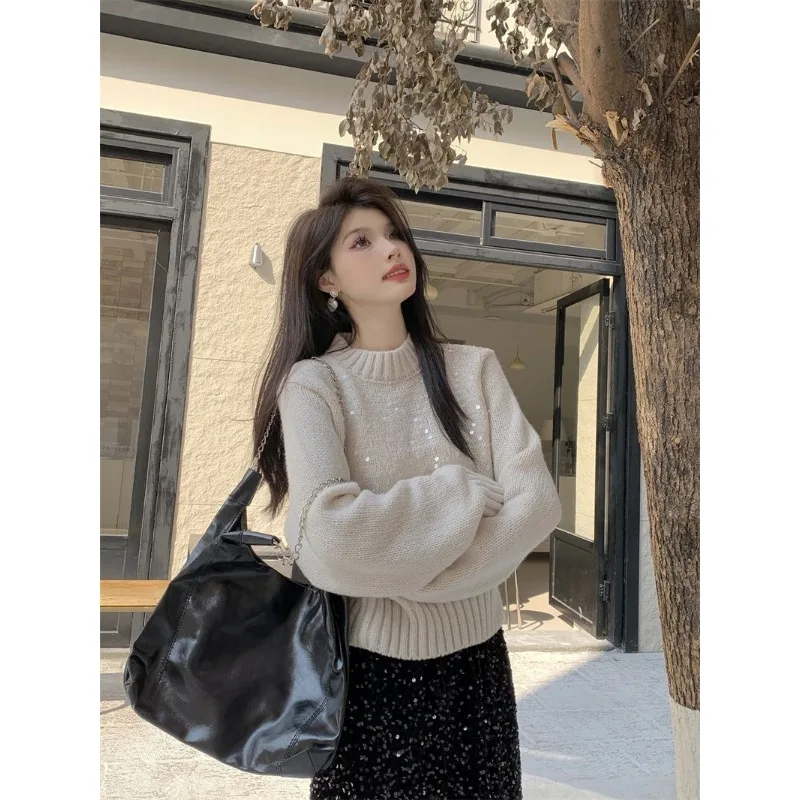 가을과 겨울 여성용 반터틀넥 시퀸 풀오버 스웨터