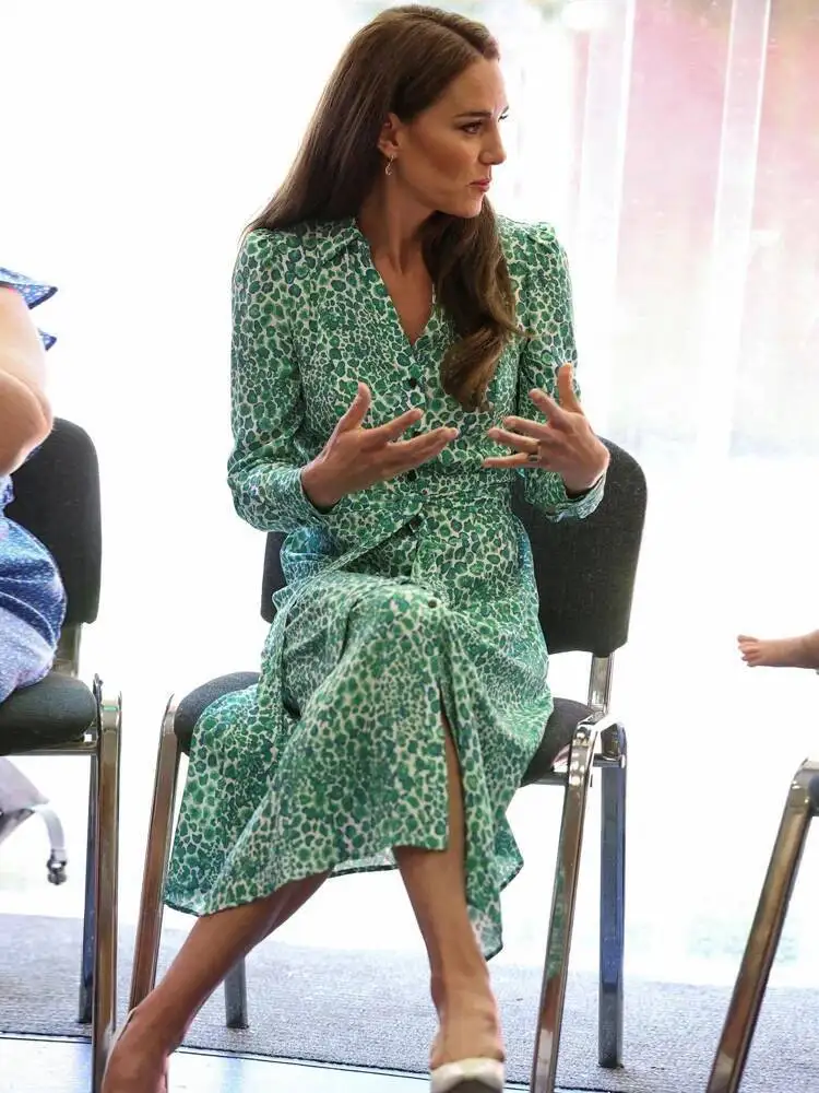 

Кейт Мидлтон принцесса новое женское осеннее модное вечернее платье высокого качества с зеленым принтом и пуговицами элегантное повседневное шикарное платье миди знаменитостей