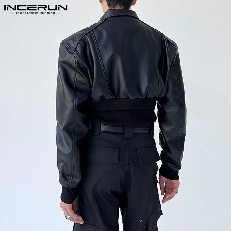 Fashion Men Jackets PU Leather Solid Lapel Long Sleeve Autumn Crop Coats Men Streetwear 2023 Zipper Casual Outerwear INCERUN