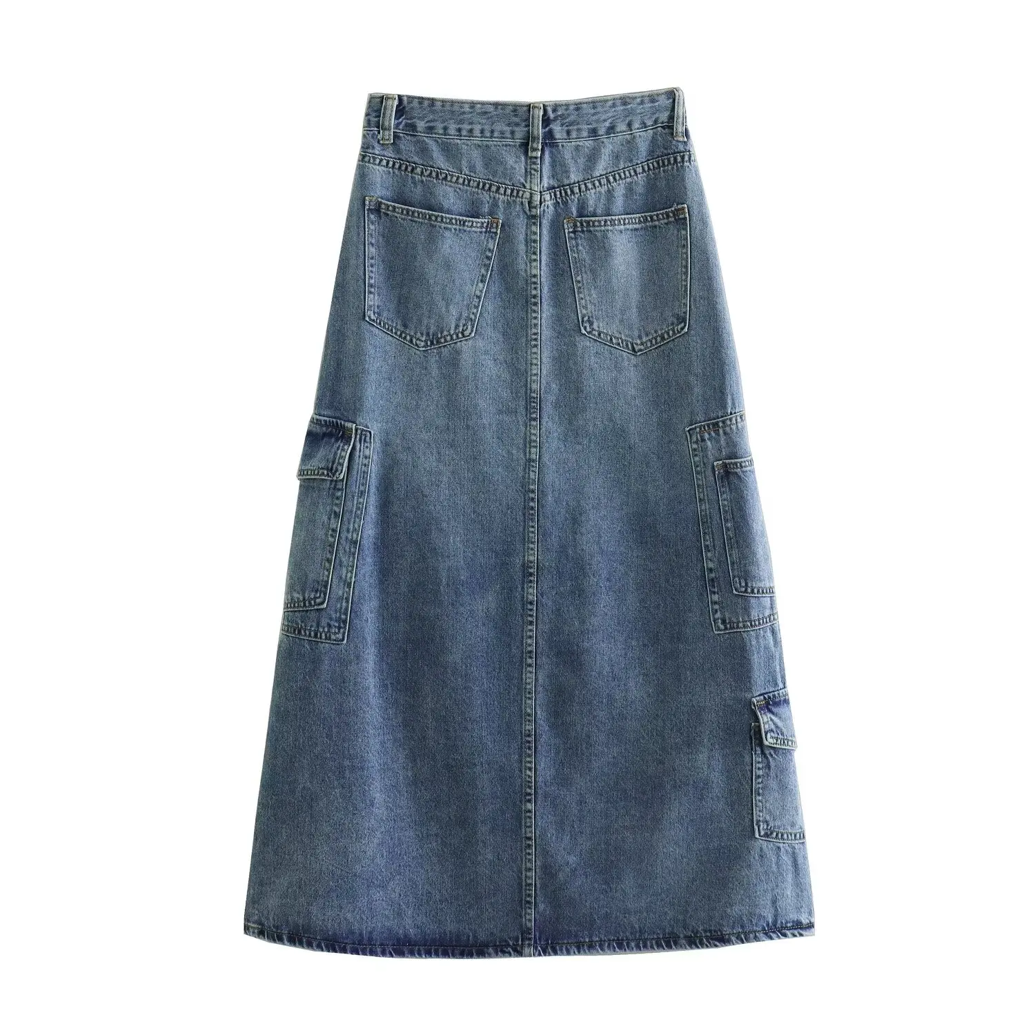 TRAF Blue Cargo Denim Skirt Women High Waist Midi Skirts for Women Summer Jeans Long Skirt Woman Holiday Casual Women\'s Skirts