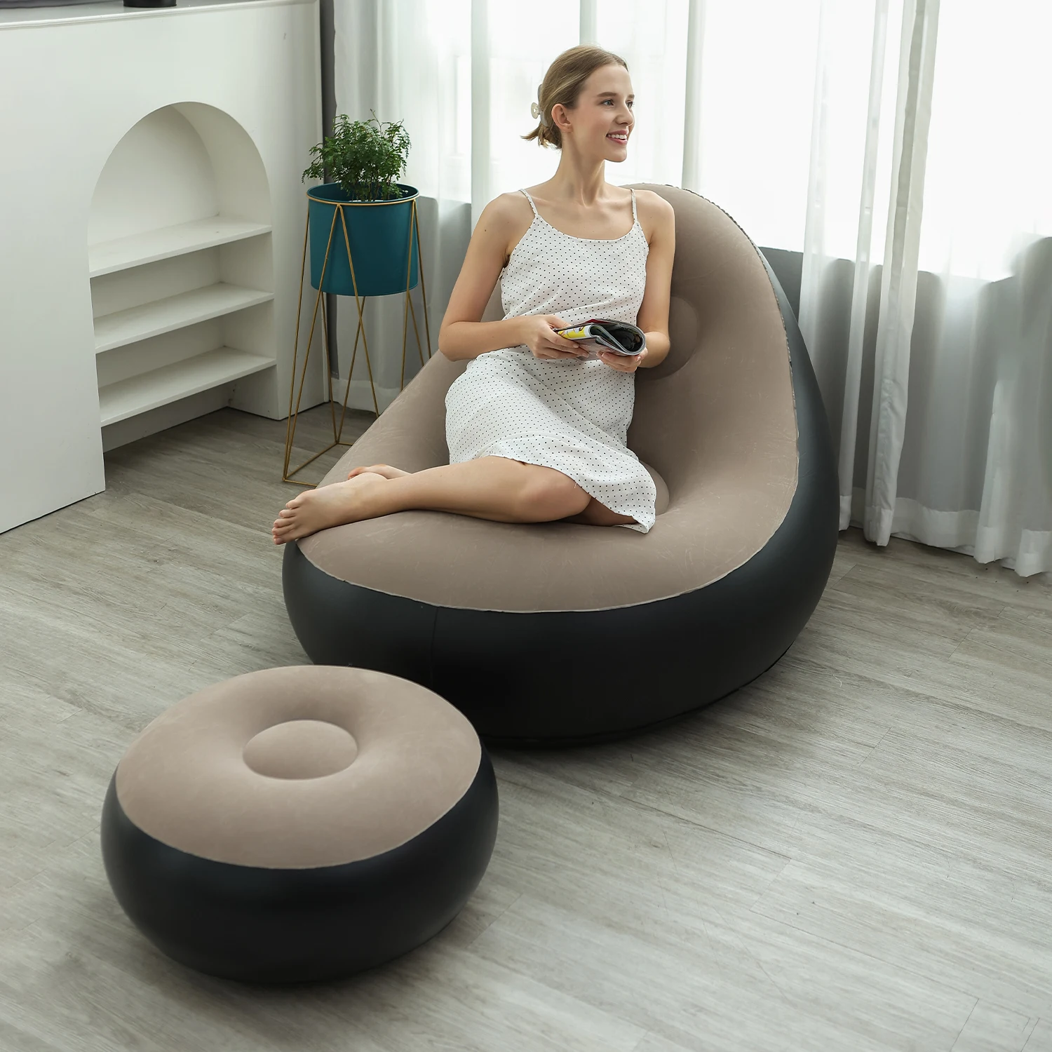 Inflatable Lounge Chair for Adults, Folding Portable Lazy Sofa with Foot Stool ,Air Couch Sofa for  Livingroom and Bedroom