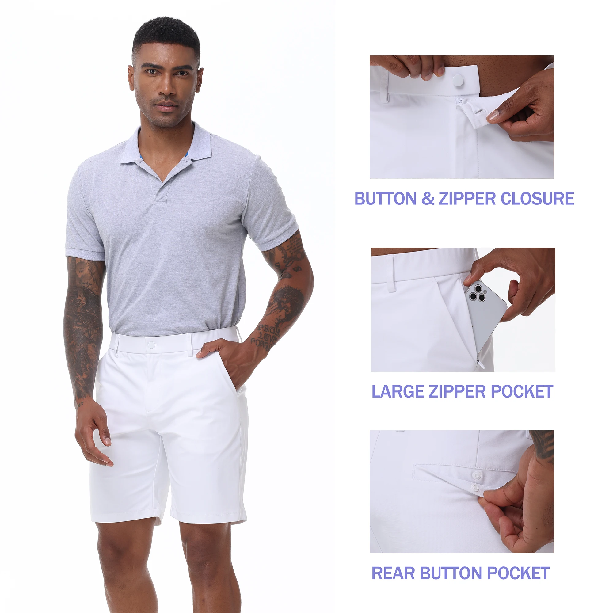 Trendige Cargo-Shorts für Herren, lässige, elegante Golfhose, Anzug-Shorts, Arbeits-Shorts mit verdeckten Seitentaschen mit Reißverschluss – Detail 12