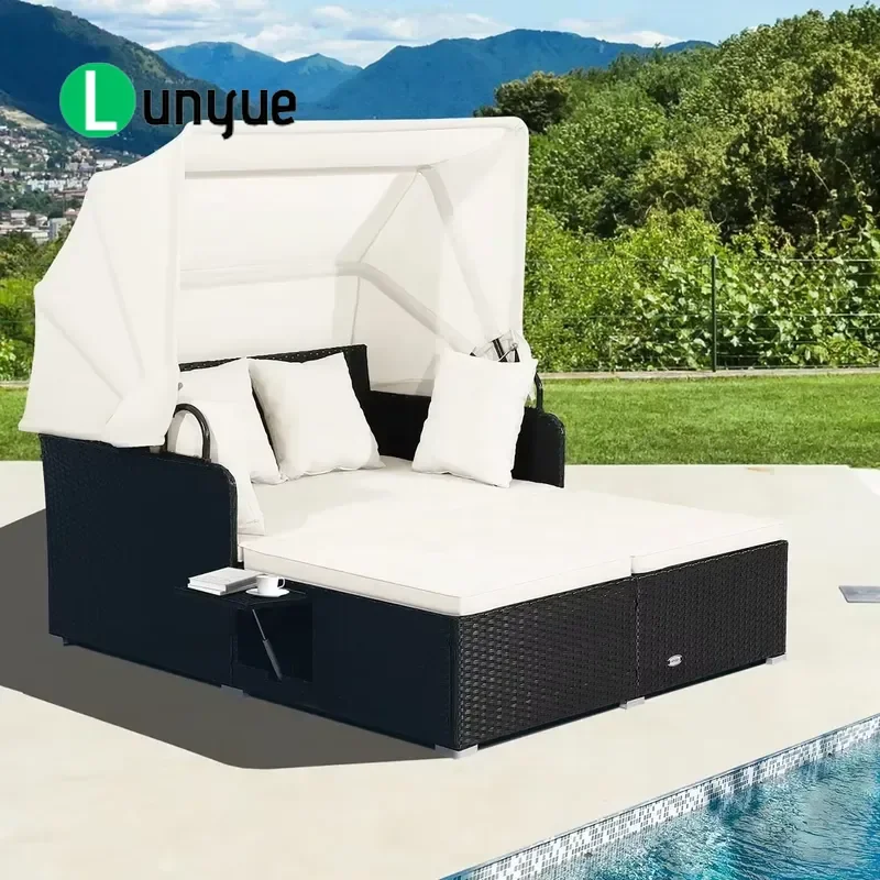 Outdoor Wicker Rattan Lounge Chair with Retractable Canopy Cushions Side Tables for Patio Poolside Garden Backyard Relaxing