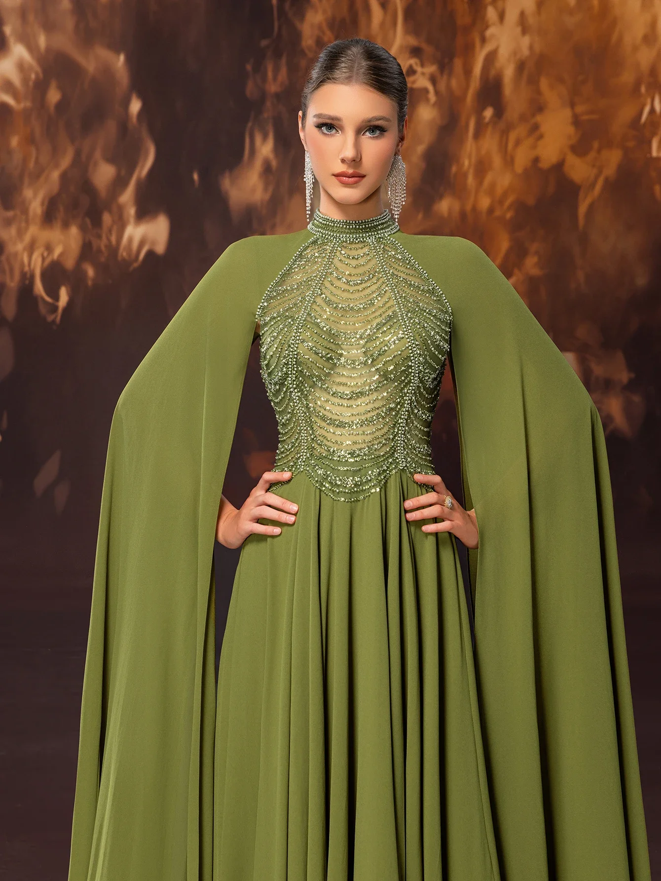 فستان سهرة رسمي للولائم للسيدات، ياقة واقفة من الشيفون الراقية والرائع، فستان سهرة بأكمام طويلة للغاية