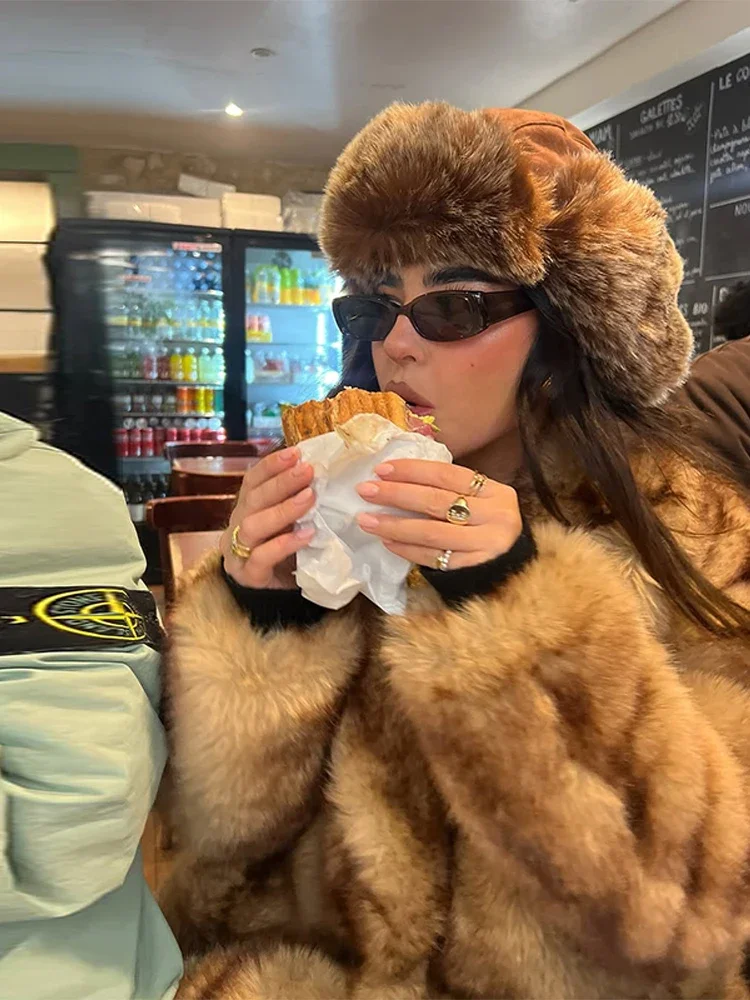 Retro pele do falso lapela engrossar casaco feminino casual impresso pelúcia único botão casacos feminino 2025 inverno clássico chique rua outwear