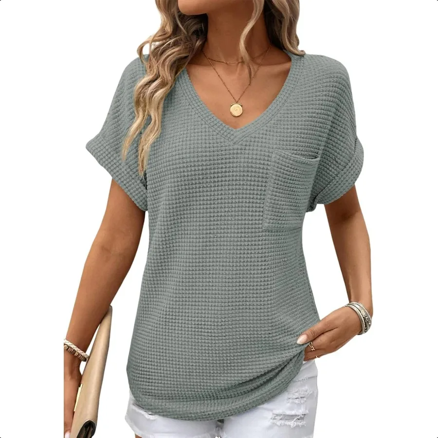 

Dokotoo Womens Waffle Knit Tops 2025 Fall Summer V Neck Shirts Casual Trendy Women's Blouses Basic Tee