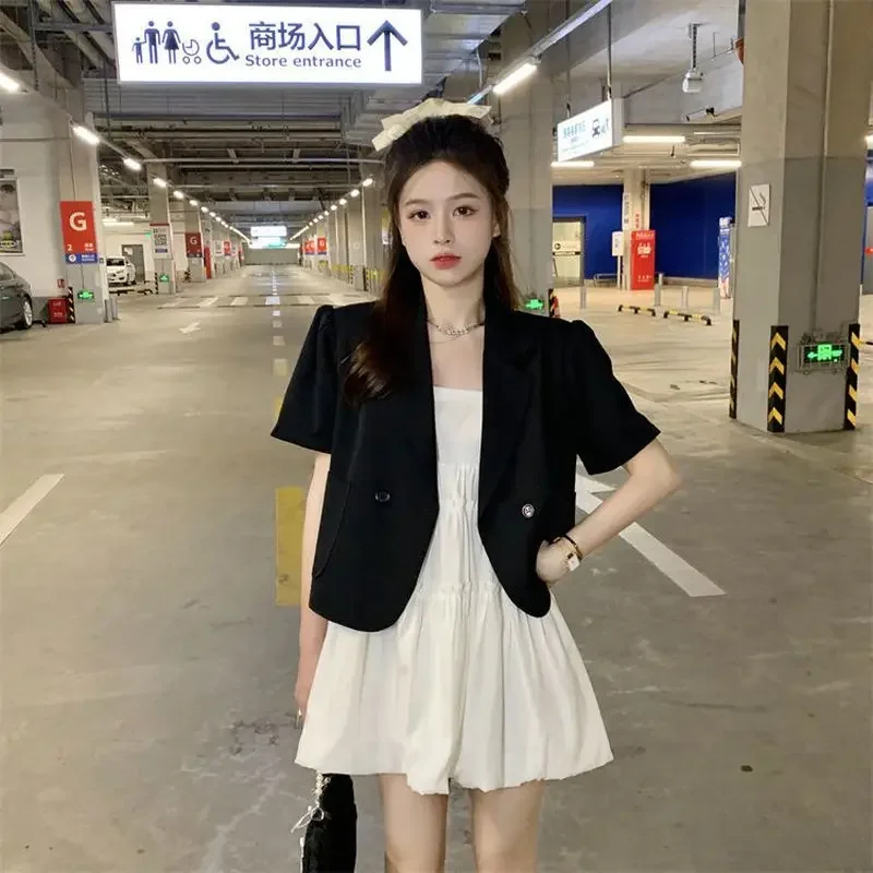 Summer Korean Cropped Blazers Women Short Sleeve Suit Jacket Woman Solid Color Double Breasted Office Outwear Ladies