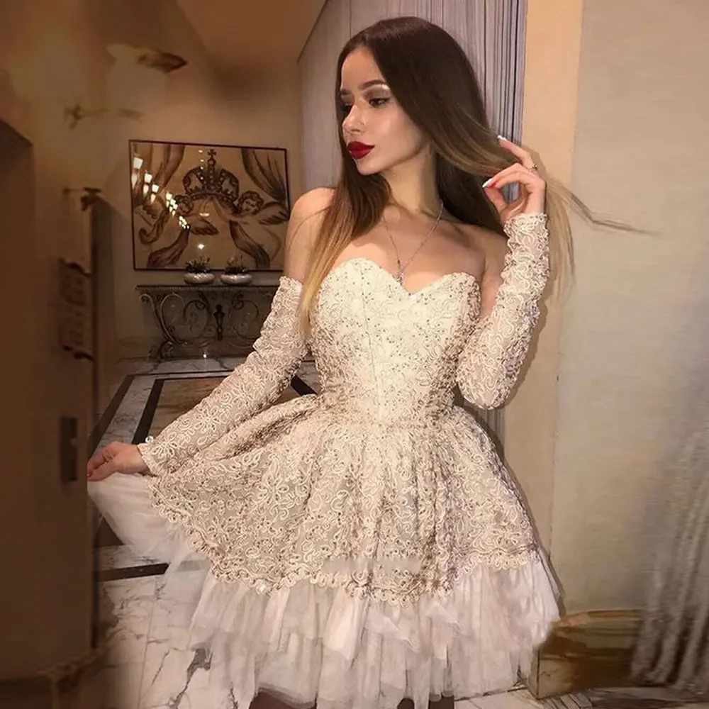 

Sexy Short Cocktail Dresses Luxury Backless Sweetheart Detachable Long Sleeves Applique Back Zipper Homecoming Dress Customized