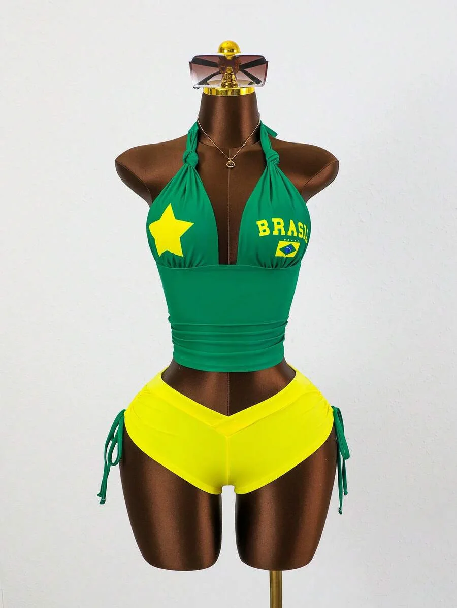 Y2K Streetwear Coquette Women Brazil Themed Matching Set Halter Neck Top with Drawstring Side Shorts Slim Fit Vacation Outfit