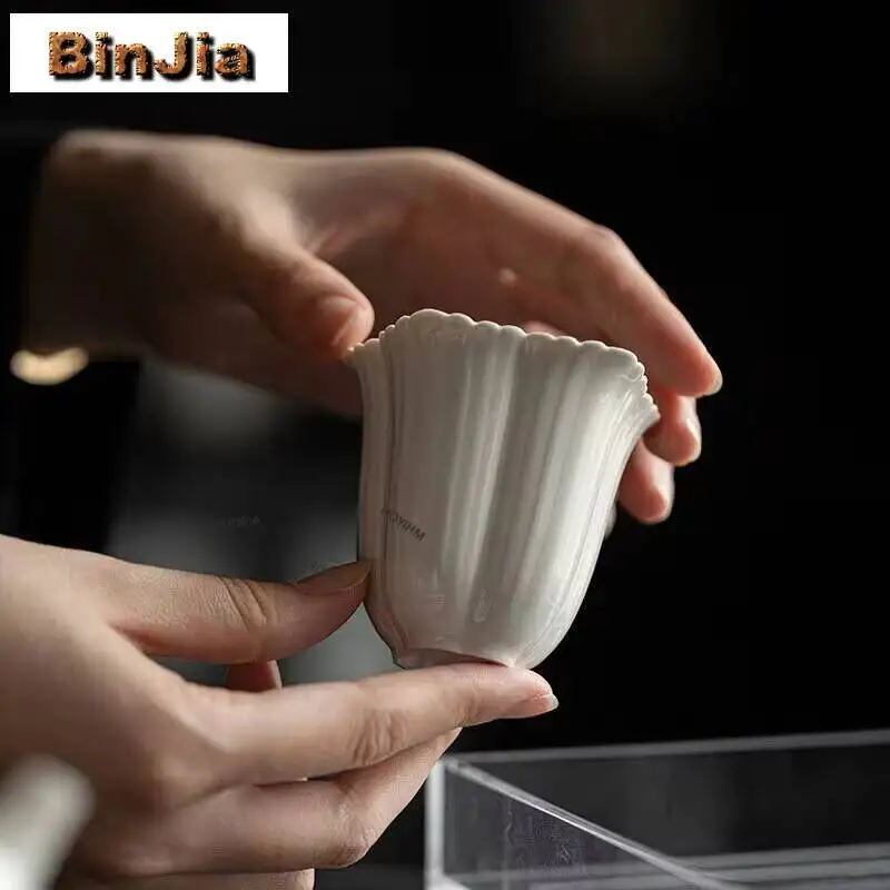 80ml Handmade Grass Wood Gray Glazed Teacup Japanese Flower Mouth Ceramic Tea Cups Single Fragrant Master Cup Mug Kung Fu Teaset
