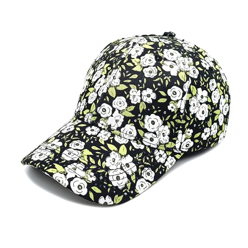 2024 Spring Summer Polyester Flower Print Casquette Baseball Cap Adjustable Outdoor Snapback Hats for Women 27