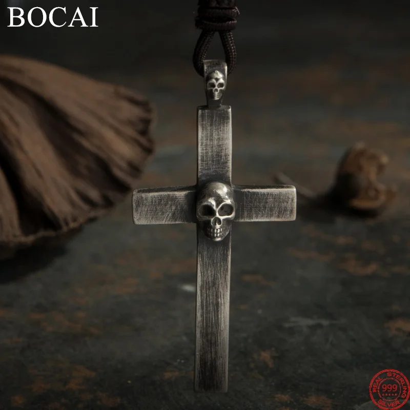 

BOCAI S999 Sterling Silver Pendants for Women Men New Fashion Relief Skull-cross Retro Punk Jewelry Amulet Free Shipping