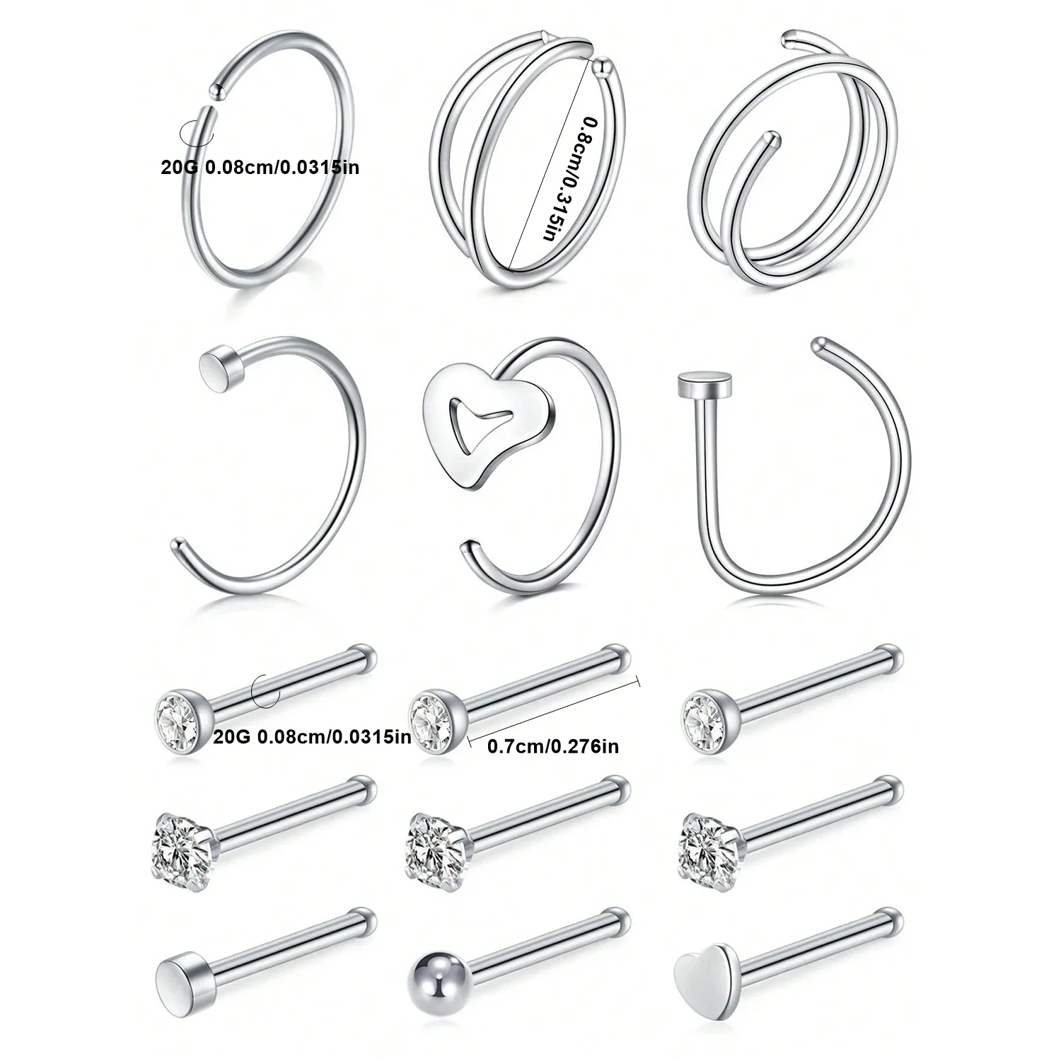 15PCS 20G Nose Rings Studs Stainless Steel Nose Rings Hoops L Screw Bone Shaped Nose Studs Screw Nose Piercing Jewelry