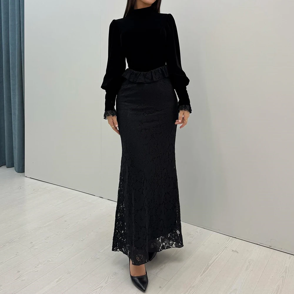 

Customized A-line Evening Dresses Ankle-length High-neck Full Sleeve Prom Gown Fashion Lace Ruched Simple Draped Party Gown