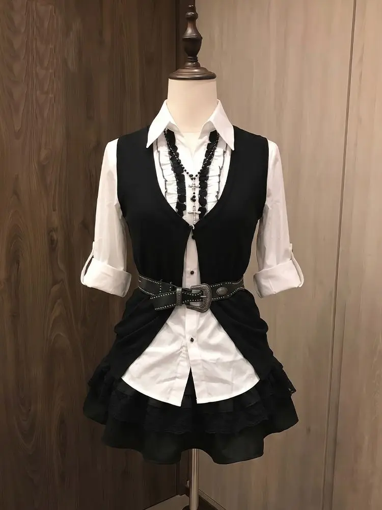 Vintage Gothic 3 Piece Set Women Ruffled Lace Trim High Waist Shirt Vest Mini Skirt Slim Fit Elegant Casual Party Outfit 2026