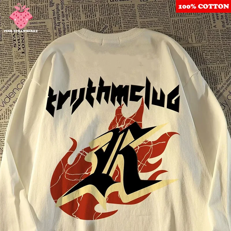 

Retro American Flame Letter Print T-shirt Men Autumn 2025 New 100%Cotton o-neck Casual Long sleeves T-shirt Top Y2k Man clothing