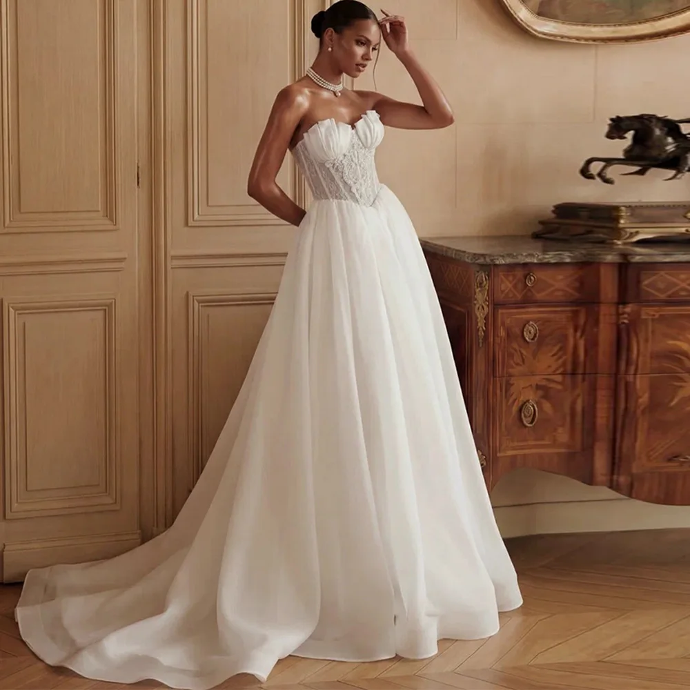Luxury Appliques Lace Vestido De Novia Fashion Strapless Sleeveless Bridal Gowns Customized High Quality A-Line Wedding Dress