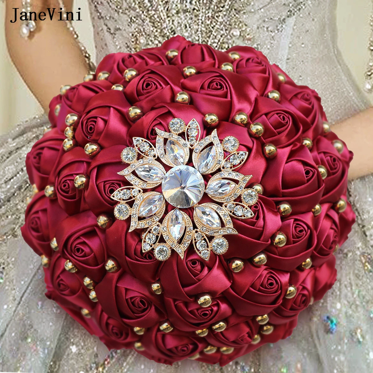 JaneVini Vintage Dark Red Ribbon Flowers Bridal Bouquets with Crystal Pearls Handmade Satin Roses Wedding Bouquets Ramo De Novia