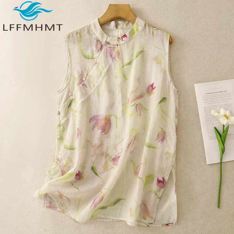 China Vintage Style Flower Print Sleeveless T-shirt for Women Summer Fashion Stand Collar Loose Casual Cotton Linen Waistcoats