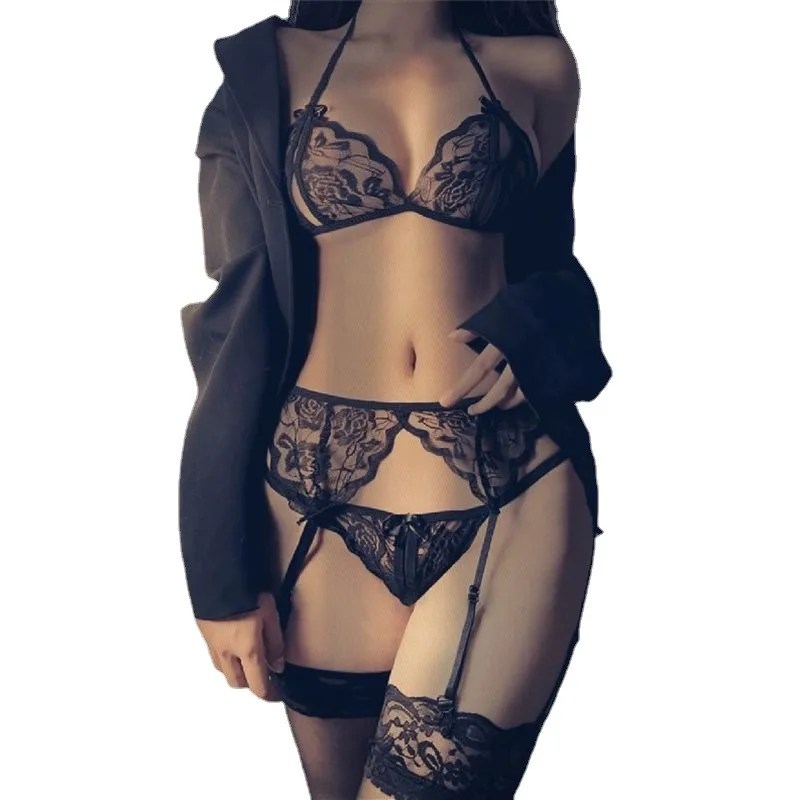 

Toucheart Sexy 4 Piece Set Interesting Underwear Women Open T-Pants Solid Color Embroidery Mesh Patchwork See-Through Sexy Suit