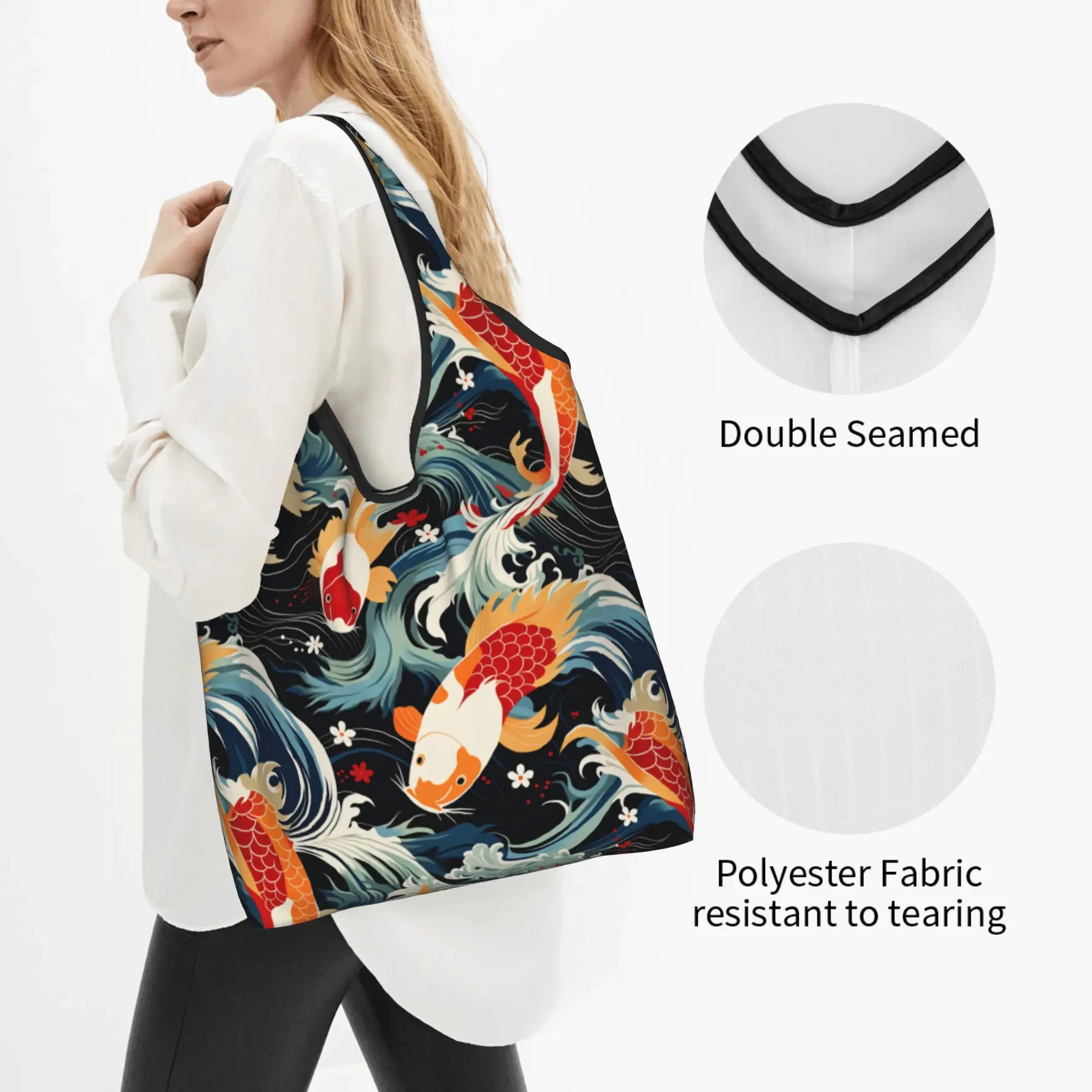 Kawaii Japan Ukiyoe Koi Art Shopping Tote Bags Portable Modern Vivid Koi ATL Grocery Shopper Shoulder Bag