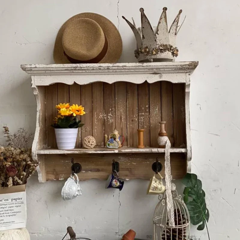 

Decorative French Country Chic Vintage Wood White Wall Shelf with Hooks