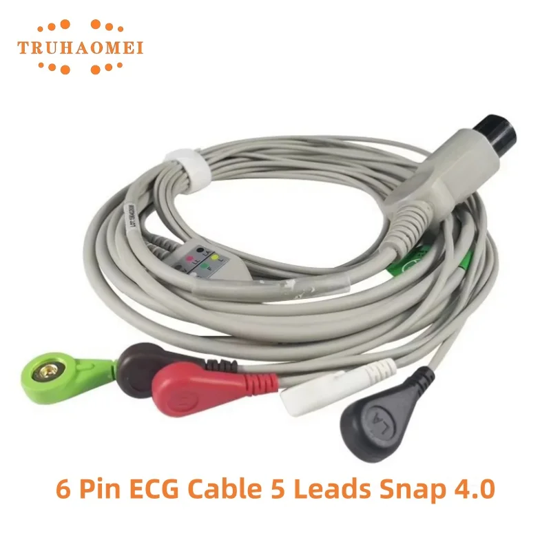 ECG Cable 6 Pin One Piece 5 Leads Snap 4.0 For Mindray PM7000 PM8000 MEC 1000 Edan Biolight Monitors Normal Type AHA Standard