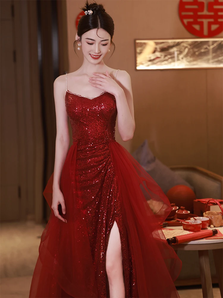 

Ele Red Wedding Dr Evening Gown for Bride High-End Aosphere Engagement Par Celebration Floor-Length Ball Gown