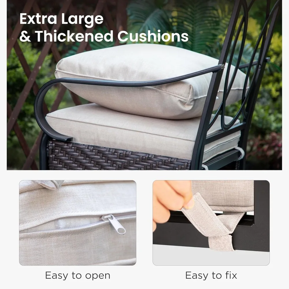 مجموعة كراسي دوارة للفناء مكونة من 4 قطع، كرسي طعام معدني عالي التحمل للاستخدام الداخلي والخارجي مع وسائد سميكة، كبير الحجم بالكامل