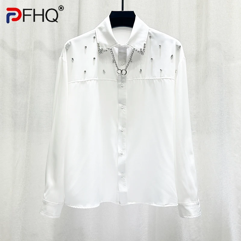 

PFHQ New Embroidered Diamond Studded Shirt Men Personalized Fashionable Loose Casual Long Sleeved 2024 Male Tops 21Z6266