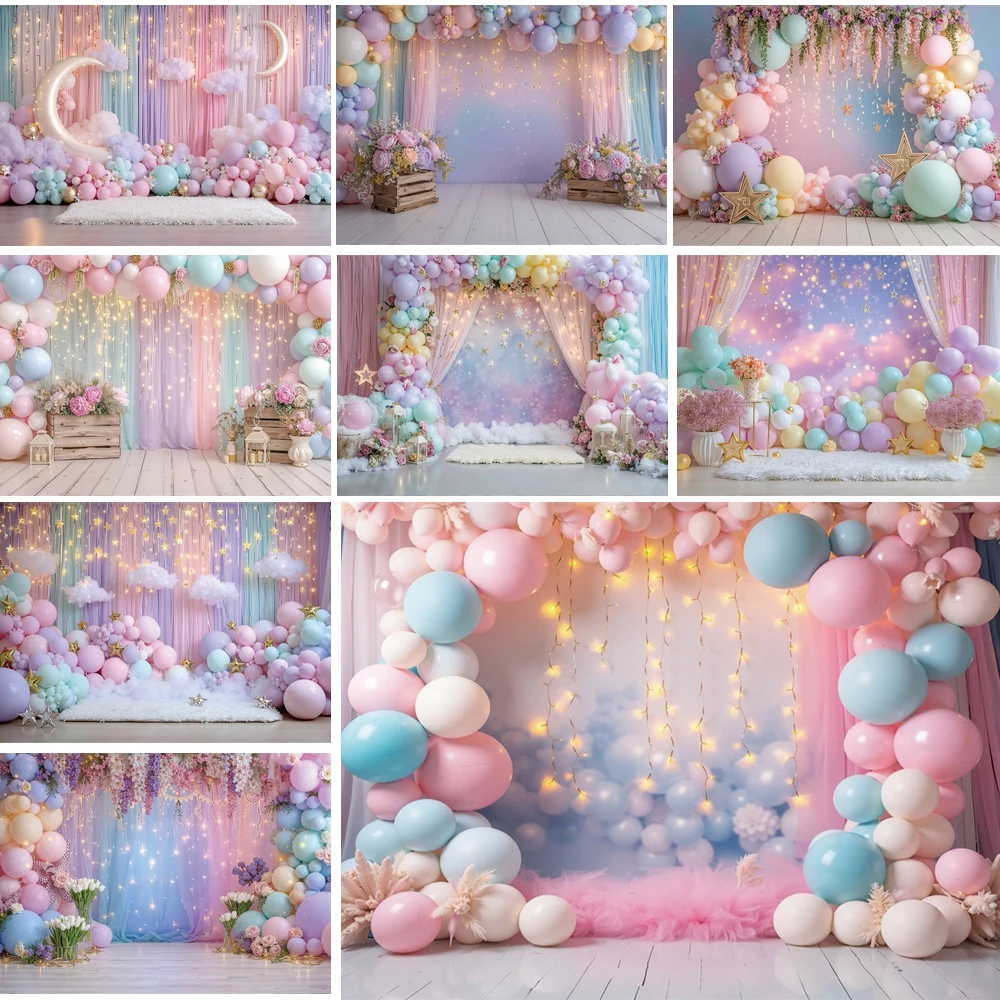 

MOON.QG Baby Newborn Items Birthday Background Photography Blossom Arch Balloon String Lights Backdrop Kids Portrait Baby Shower