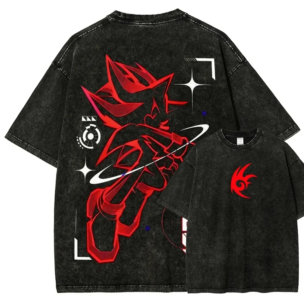 Classic Anime Manga Games Sonic Peripherals Print T-shirts Fashion Loose Casual Tee Men Women Retro Washed Cotton Tops