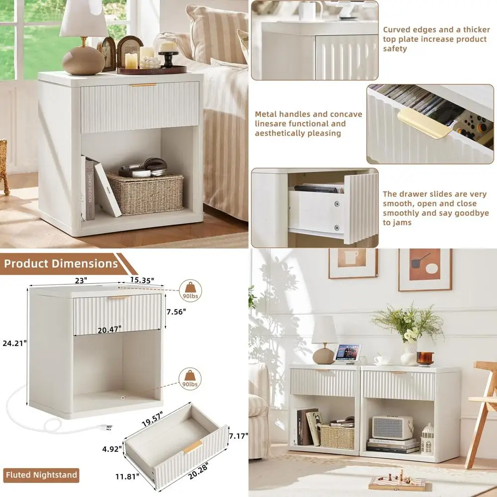 

23 Wide White Farmhouse Nightstand with Charging Station and Open Storage Cabinet for Bedroom or Living Room