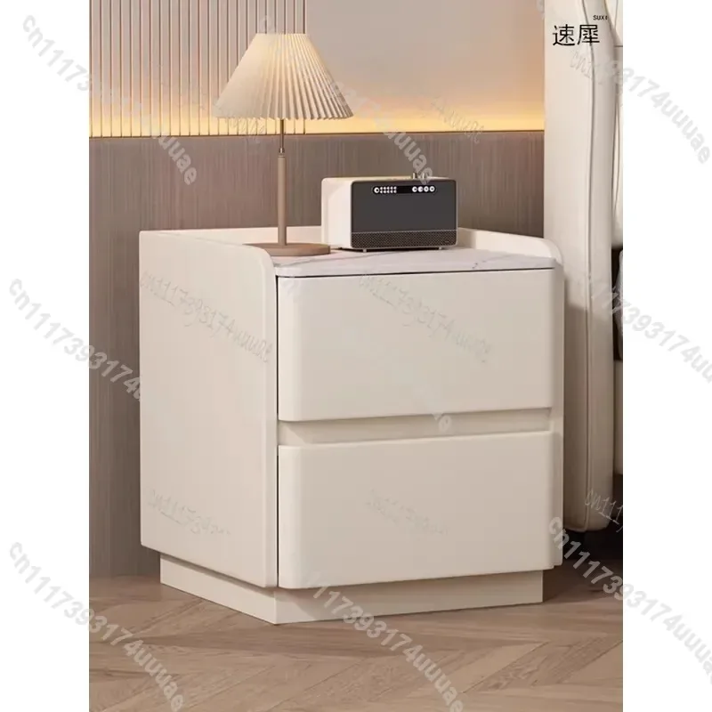 Modern Solid Wood Nightstand with 2 Drawers Faux Leather Bedside Table Sensor Light Storage Cabinet with Lock for Bedroom
