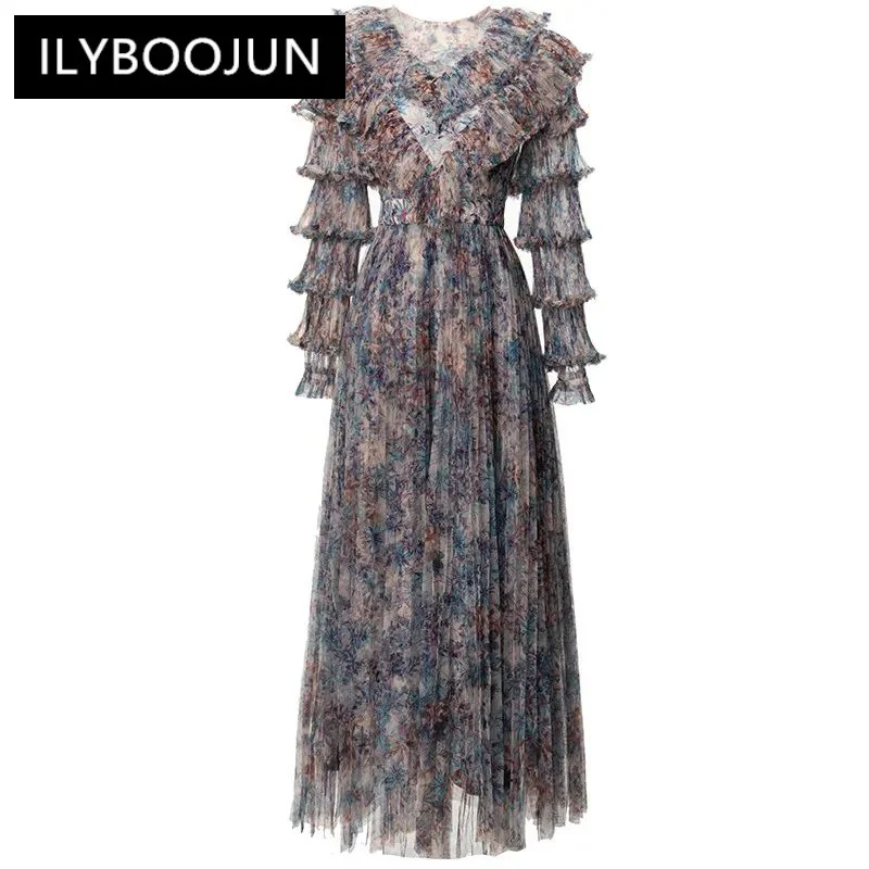 

ILYBOOJUN Fashion Designer Spring Summer Women's O-Neck Ruffles Lace Up Tiered High-End Temperament Dress