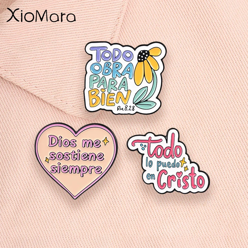 Christian Faith Enamel Pins Bible Verse Todo lo puedo en Cristo Inspirational Spanish Quotes Brooches Lapel Badge Jewelry Gifts