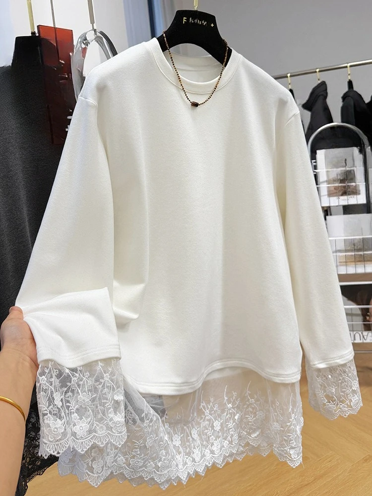 تي شيرت متطور مزين بالدانتيل بلون سادة وأكمام طويلة لربيع وخريف جديد في ملابس نسائية فضفاضة عصرية #6