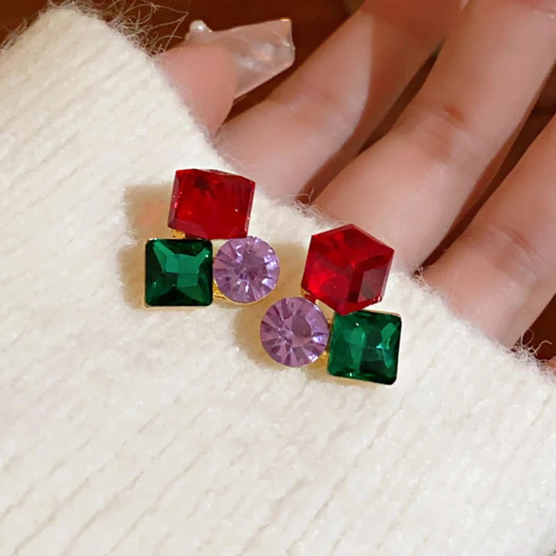 Colorful Rhinestones Stud Earrings for Women Trendy Red Green Purple Round Square Statement Earrings Geometry Pink Jewelry Gift