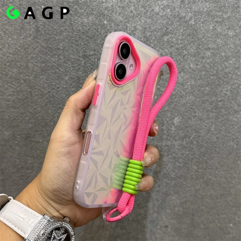 Luxury Wrist Strap Lanyard Aurora Gradient Diamond Case for iPhone 16 15 14 13 Pro Max Plus 12 11 Laser Shockproof Slim Cover