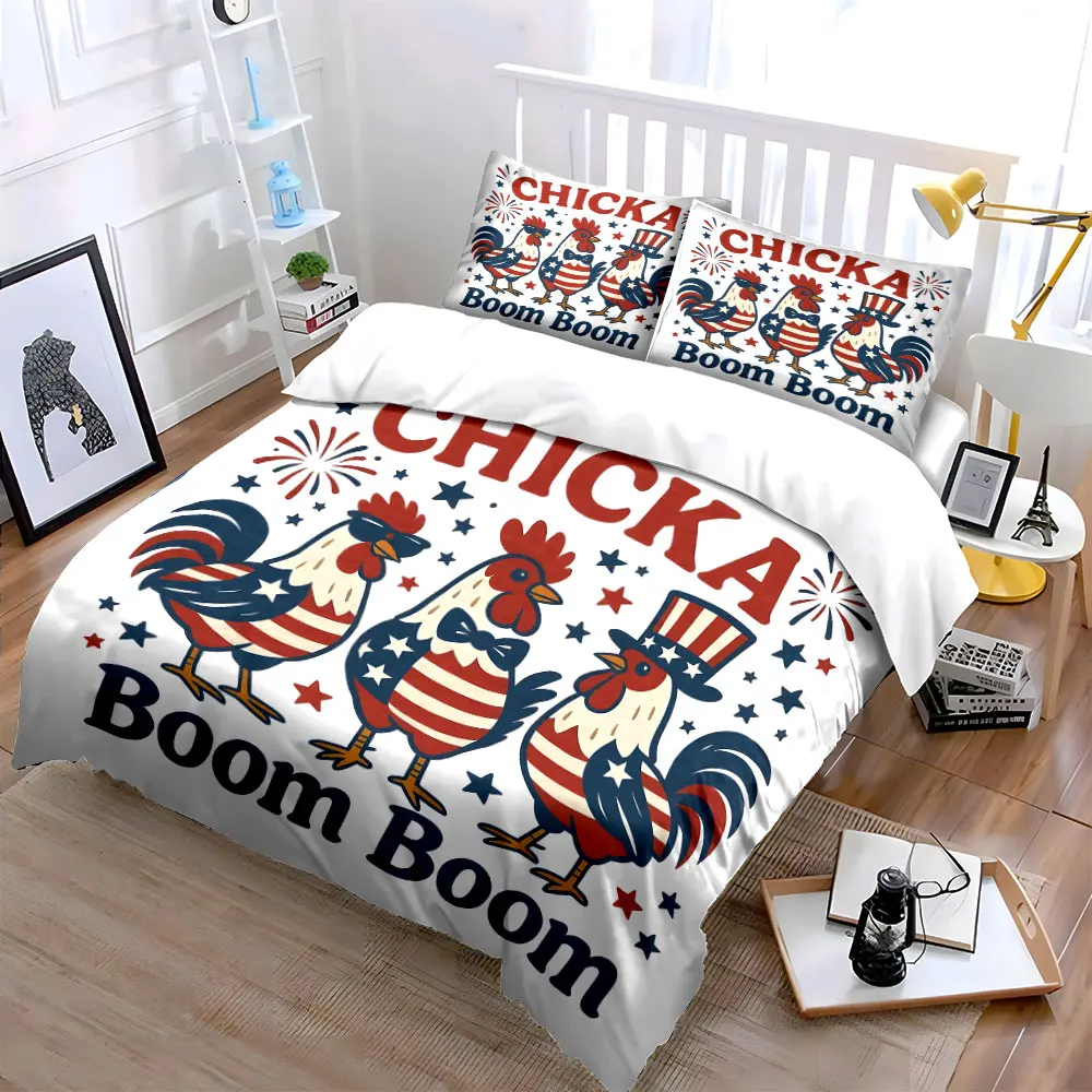 American Independence Day Rooster Illustration Print Bedding Set 1Duvet Cover 2Pillowcases for Adult and Children Luxury Gift