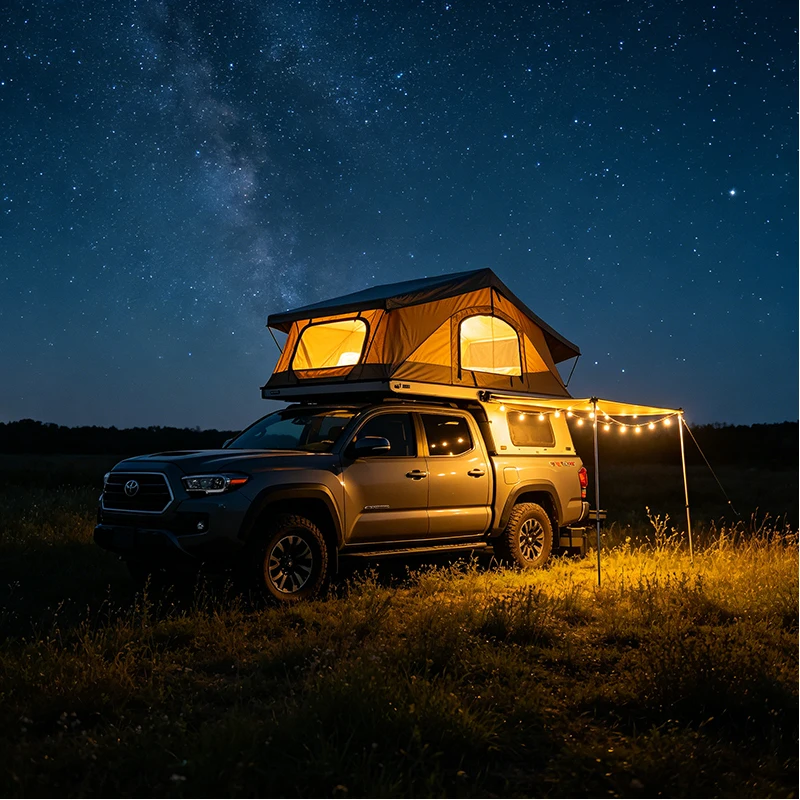 Luxury Pickup Truck Camper Shell with Fold Out Tent Design for Family Camping and Adventure Travel Experiences