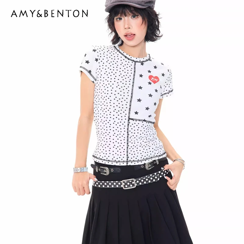 

Korean Girl Design White Polka Dot Splicing Women's Short-sleeved T-shirt 2026 Spring Summer New Thin Versatile T-shirts Ladies
